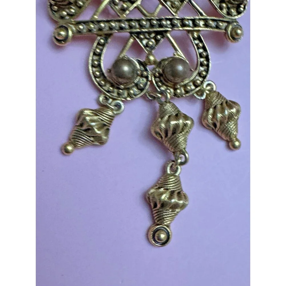 Florenza Vintage Gold Tone Dangle Brooch 3” Celtic Knot Heart Filigree Pin